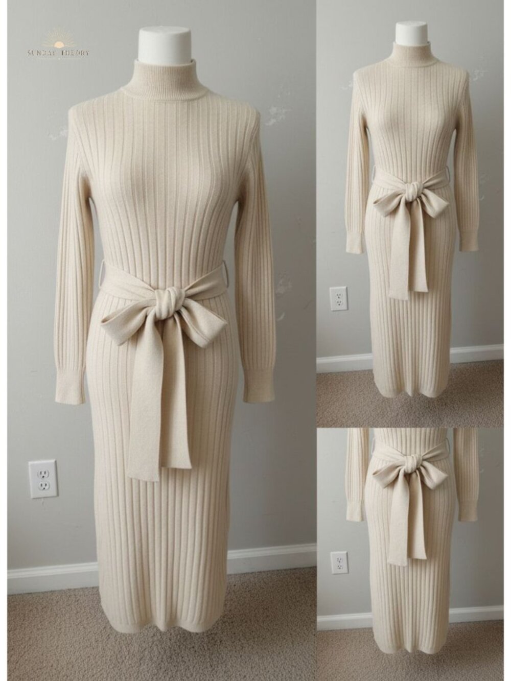 Ribbed Knit Midi Sweater Dress Long Sleeve Mock Neck Bodycon Tie Waist